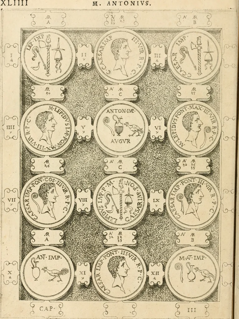 An illustration from C. Ivlivs Caesar, sive, Historiae imperatorvm Caesarvmqve romanorvm ex antiqvis nvmismatibvs restitvtae liber primvs : acessit C. Ivlii Caesaris vita et res gestae, 1563, leaf 81