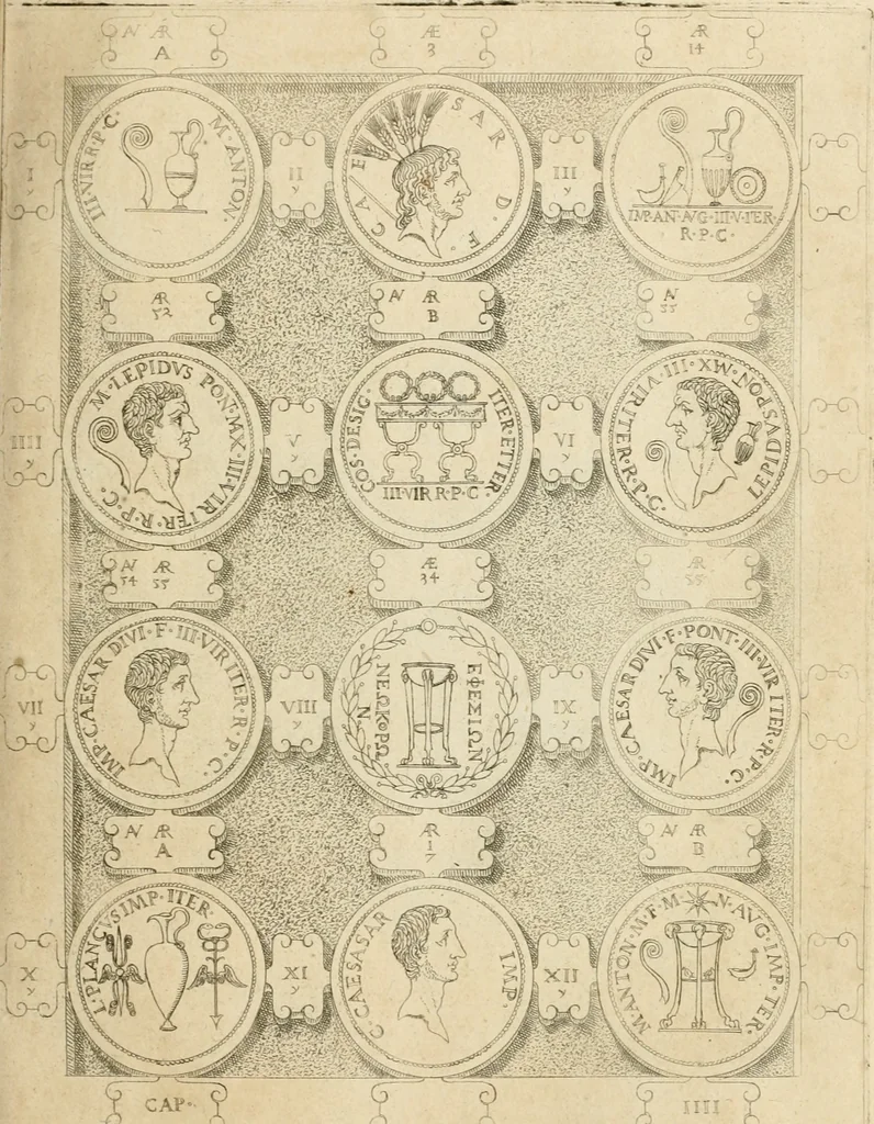 An illustration from C. Ivlivs Caesar, sive, Historiae imperatorvm Caesarvmqve romanorvm ex antiqvis nvmismatibvs restitvtae liber primvs : acessit C. Ivlii Caesaris vita et res gestae, 1563, leaf 82