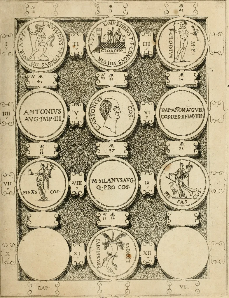 An illustration from C. Ivlivs Caesar, sive, Historiae imperatorvm Caesarvmqve romanorvm ex antiqvis nvmismatibvs restitvtae liber primvs : acessit C. Ivlii Caesaris vita et res gestae, 1563, leaf 84