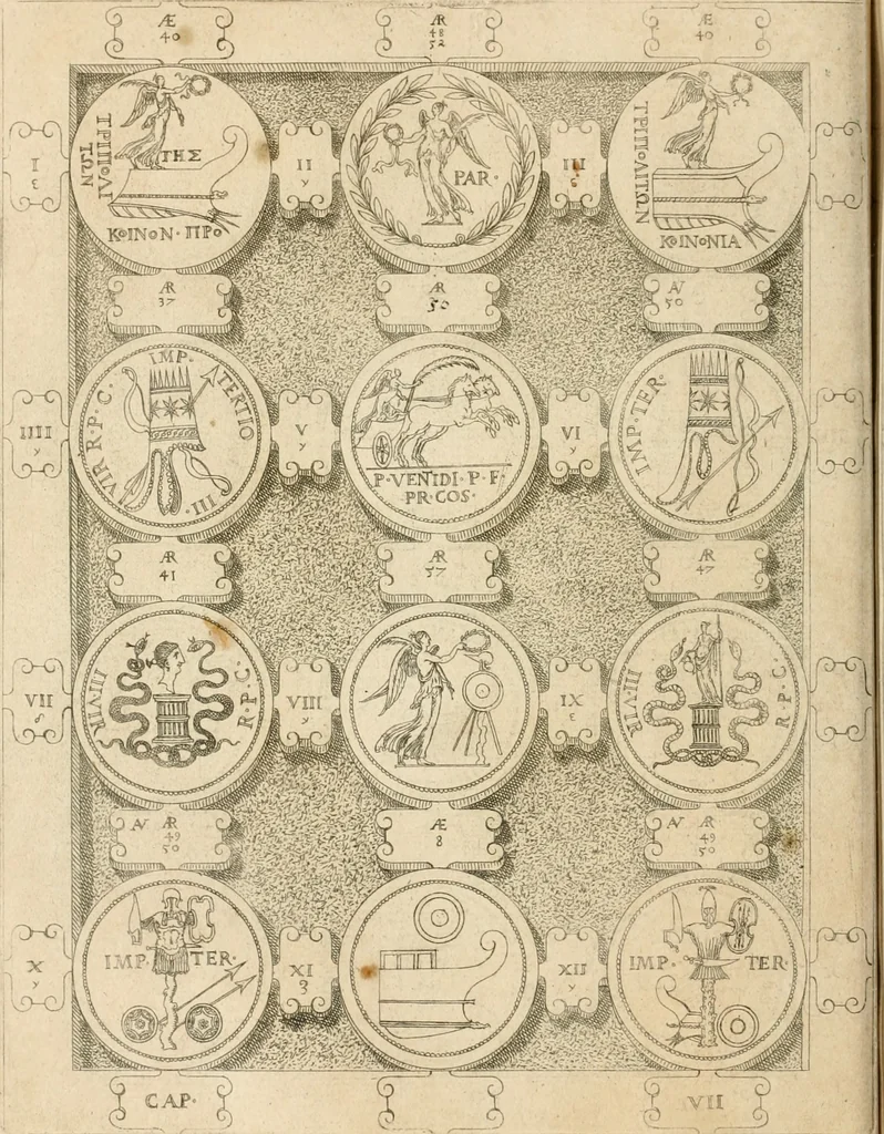 An illustration from C. Ivlivs Caesar, sive, Historiae imperatorvm Caesarvmqve romanorvm ex antiqvis nvmismatibvs restitvtae liber primvs : acessit C. Ivlii Caesaris vita et res gestae, 1563, leaf 85