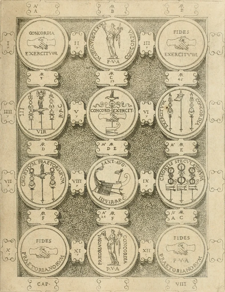 An illustration from C. Ivlivs Caesar, sive, Historiae imperatorvm Caesarvmqve romanorvm ex antiqvis nvmismatibvs restitvtae liber primvs : acessit C. Ivlii Caesaris vita et res gestae, 1563, leaf 86