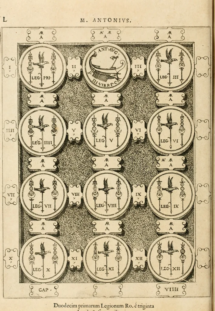 An illustration from C. Ivlivs Caesar, sive, Historiae imperatorvm Caesarvmqve romanorvm ex antiqvis nvmismatibvs restitvtae liber primvs : acessit C. Ivlii Caesaris vita et res gestae, 1563, leaf 87