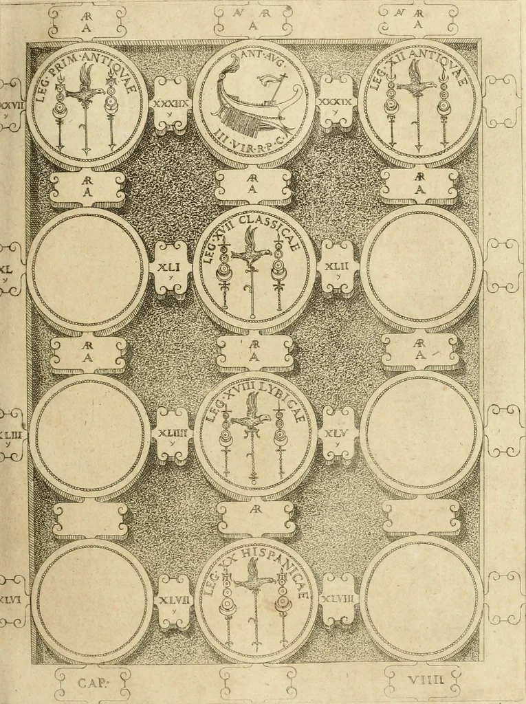 An illustration from C. Ivlivs Caesar, sive, Historiae imperatorvm Caesarvmqve romanorvm ex antiqvis nvmismatibvs restitvtae liber primvs : acessit C. Ivlii Caesaris vita et res gestae, 1563, leaf 90
