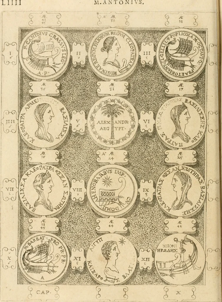 An illustration from C. Ivlivs Caesar, sive, Historiae imperatorvm Caesarvmqve romanorvm ex antiqvis nvmismatibvs restitvtae liber primvs : acessit C. Ivlii Caesaris vita et res gestae, 1563, leaf 91