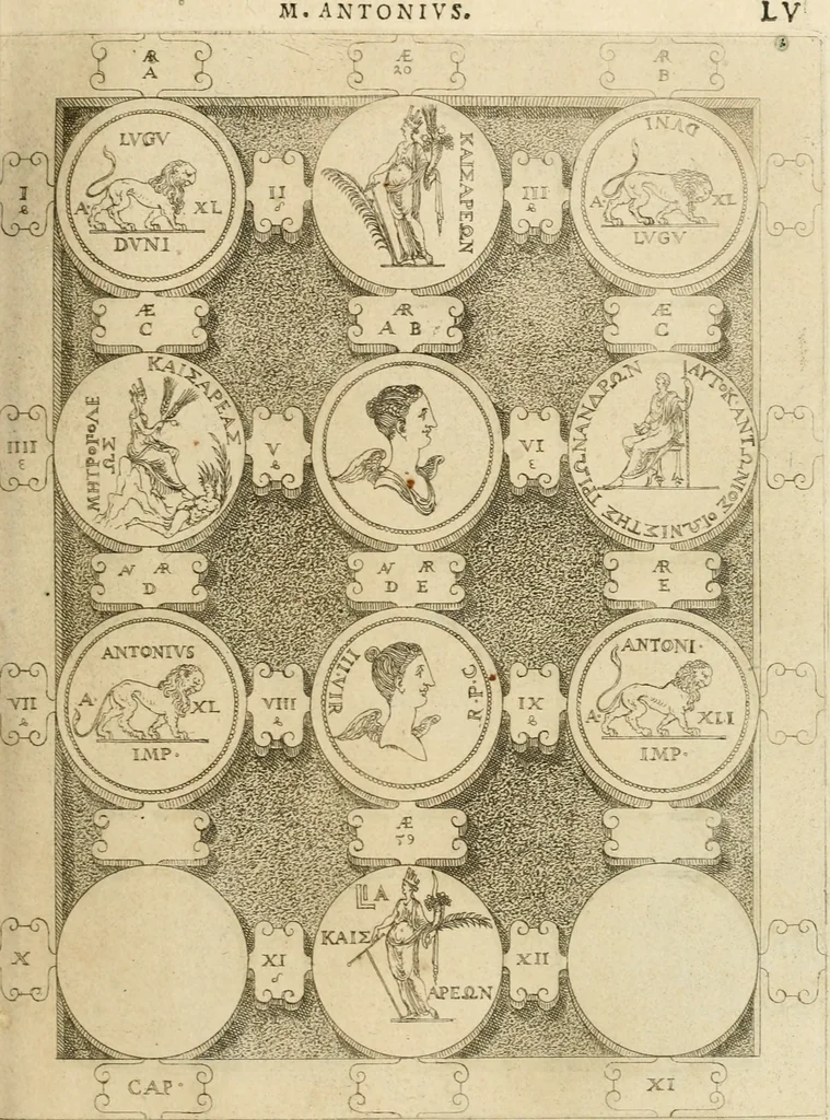 An illustration from C. Ivlivs Caesar, sive, Historiae imperatorvm Caesarvmqve romanorvm ex antiqvis nvmismatibvs restitvtae liber primvs : acessit C. Ivlii Caesaris vita et res gestae, 1563, leaf 92