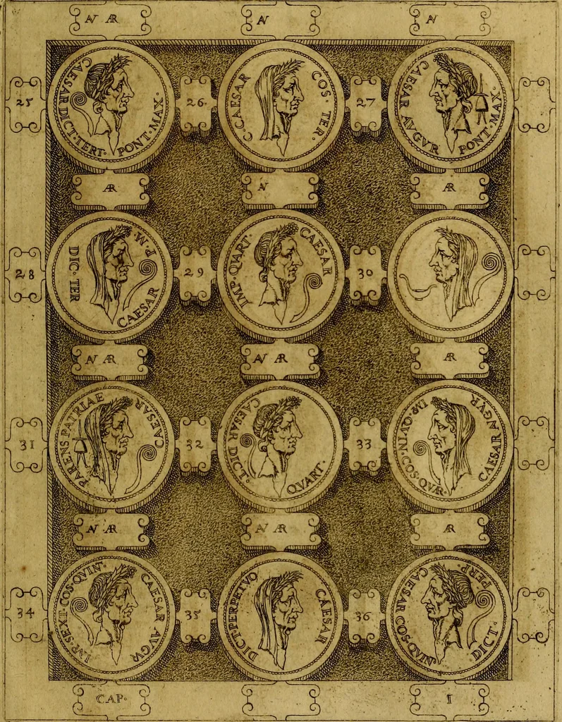 An illustration from C. Ivlivs Caesar : sive Historiae imperatorvm Caesarvmqve romanorvm ex antiqvis nvmismatibvs restitvtae liber primvs; accessit C. Ivlii Caesaris vita et res gestae, 1563, leaf 42