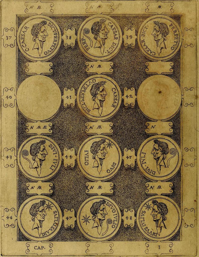 An illustration from C. Ivlivs Caesar : sive Historiae imperatorvm Caesarvmqve romanorvm ex antiqvis nvmismatibvs restitvtae liber primvs; accessit C. Ivlii Caesaris vita et res gestae, 1563, leaf 43