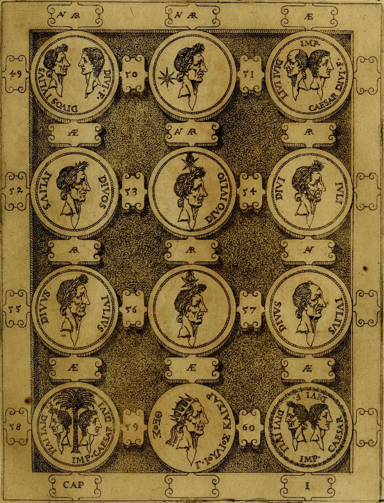 An illustration from C. Ivlivs Caesar : sive Historiae imperatorvm Caesarvmqve romanorvm ex antiqvis nvmismatibvs restitvtae liber primvs; accessit C. Ivlii Caesaris vita et res gestae, 1563, leaf 44