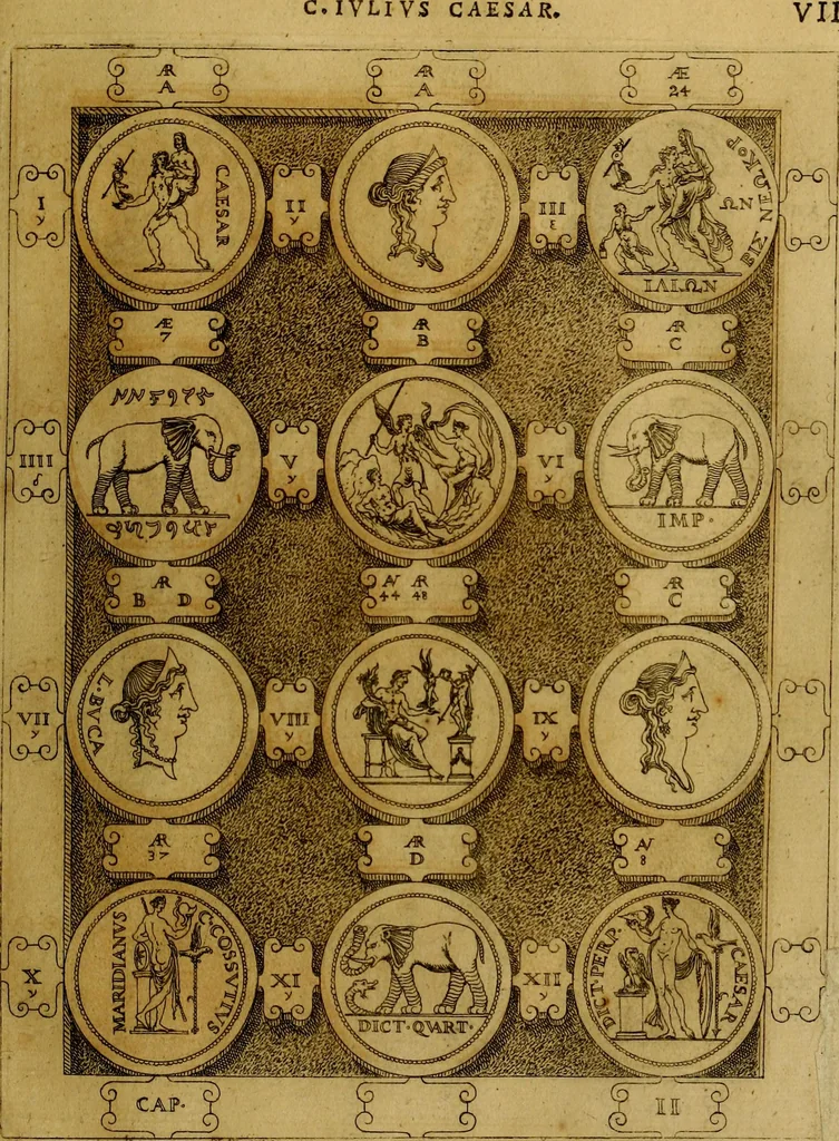 An illustration from C. Ivlivs Caesar : sive Historiae imperatorvm Caesarvmqve romanorvm ex antiqvis nvmismatibvs restitvtae liber primvs; accessit C. Ivlii Caesaris vita et res gestae, 1563, leaf 46