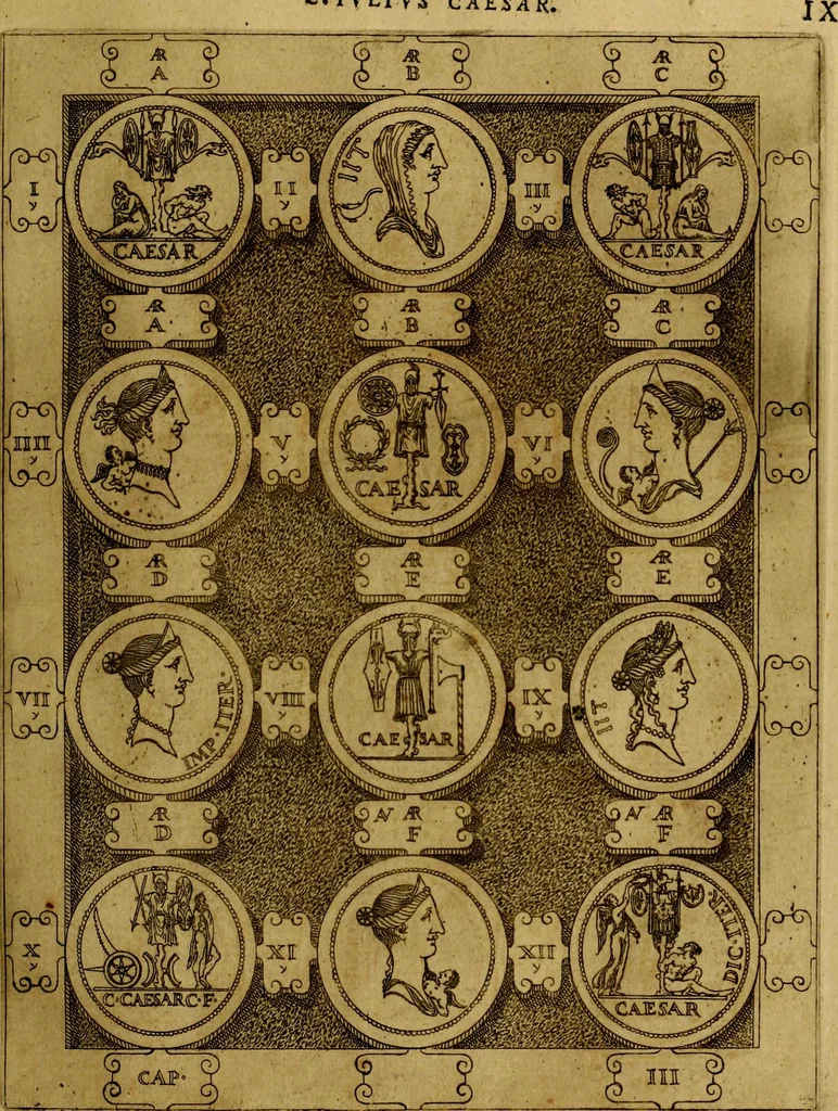 An illustration from C. Ivlivs Caesar : sive Historiae imperatorvm Caesarvmqve romanorvm ex antiqvis nvmismatibvs restitvtae liber primvs; accessit C. Ivlii Caesaris vita et res gestae, 1563, leaf 48
