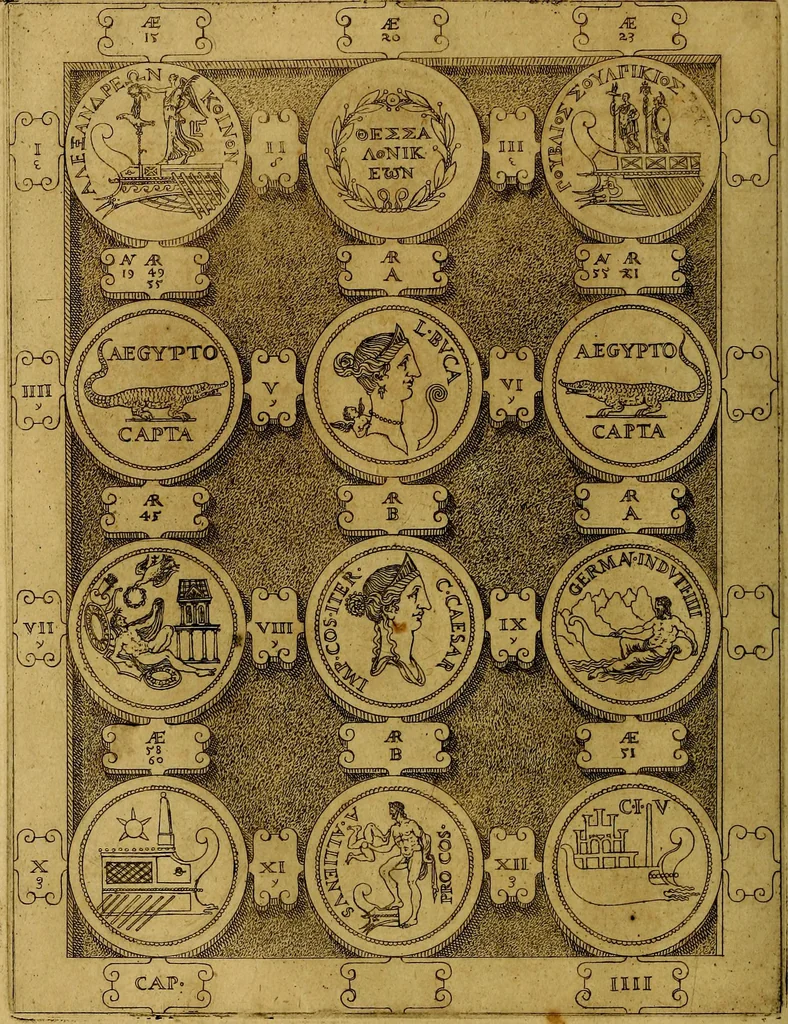 An illustration from C. Ivlivs Caesar : sive Historiae imperatorvm Caesarvmqve romanorvm ex antiqvis nvmismatibvs restitvtae liber primvs; accessit C. Ivlii Caesaris vita et res gestae, 1563, leaf 49