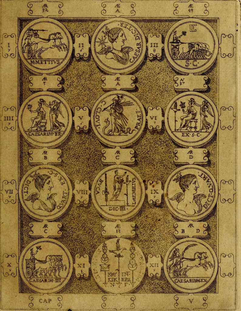 An illustration from C. Ivlivs Caesar : sive Historiae imperatorvm Caesarvmqve romanorvm ex antiqvis nvmismatibvs restitvtae liber primvs; accessit C. Ivlii Caesaris vita et res gestae, 1563, leaf 50