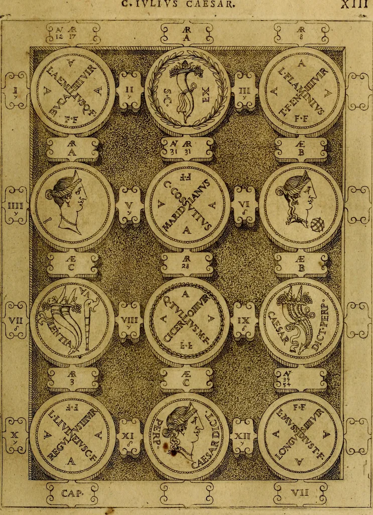 An illustration from C. Ivlivs Caesar : sive Historiae imperatorvm Caesarvmqve romanorvm ex antiqvis nvmismatibvs restitvtae liber primvs; accessit C. Ivlii Caesaris vita et res gestae, 1563, leaf 52
