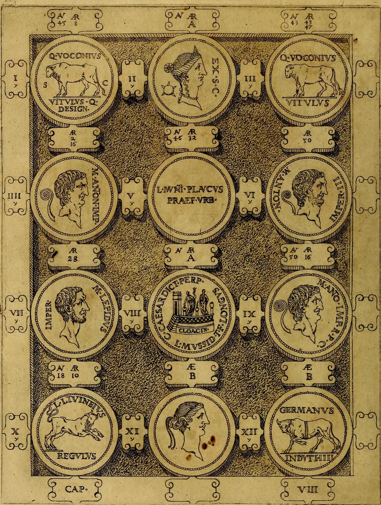 An illustration from C. Ivlivs Caesar : sive Historiae imperatorvm Caesarvmqve romanorvm ex antiqvis nvmismatibvs restitvtae liber primvs; accessit C. Ivlii Caesaris vita et res gestae, 1563, leaf 53
