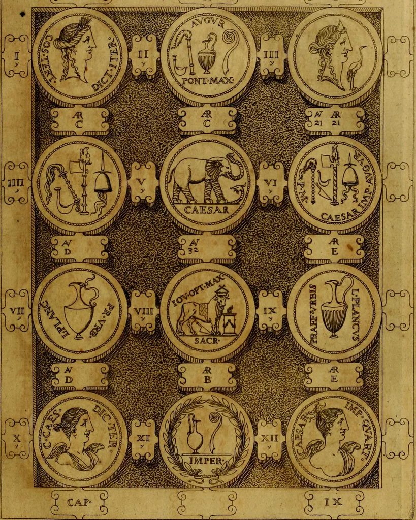 An illustration from C. Ivlivs Caesar : sive Historiae imperatorvm Caesarvmqve romanorvm ex antiqvis nvmismatibvs restitvtae liber primvs; accessit C. Ivlii Caesaris vita et res gestae, 1563, leaf 54