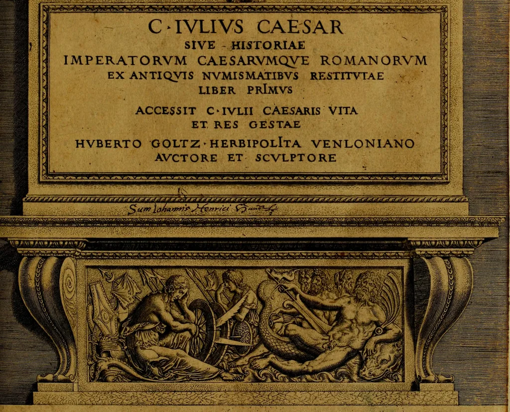 An illustration from C. Ivlivs Caesar : sive Historiae imperatorvm Caesarvmqve romanorvm ex antiqvis nvmismatibvs restitvtae liber primvs; accessit C. Ivlii Caesaris vita et res gestae, 1563, leaf 6