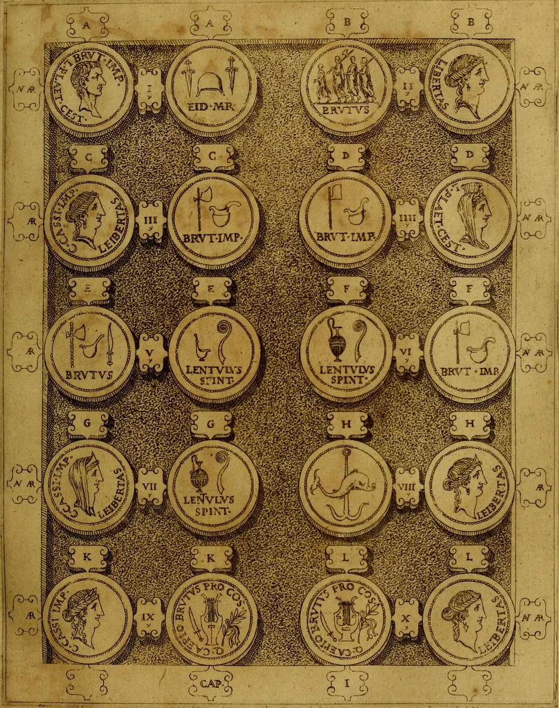 An illustration from C. Ivlivs Caesar : sive Historiae imperatorvm Caesarvmqve romanorvm ex antiqvis nvmismatibvs restitvtae liber primvs; accessit C. Ivlii Caesaris vita et res gestae, 1563, leaf 60