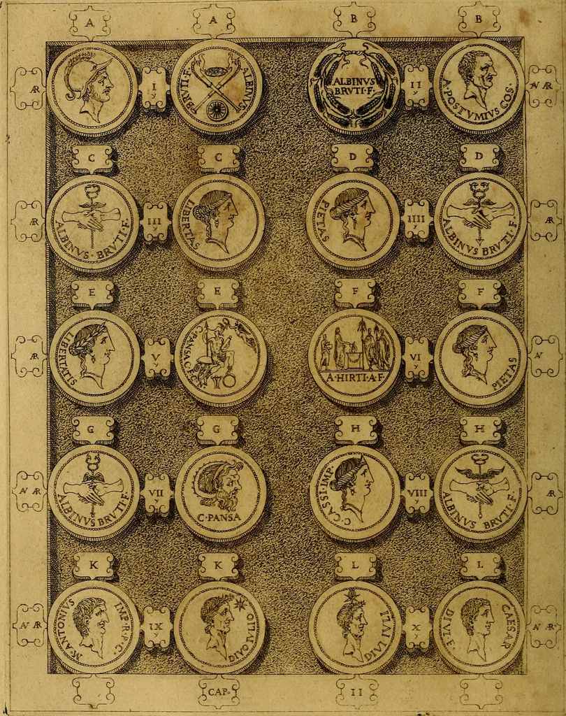 An illustration from C. Ivlivs Caesar : sive Historiae imperatorvm Caesarvmqve romanorvm ex antiqvis nvmismatibvs restitvtae liber primvs; accessit C. Ivlii Caesaris vita et res gestae, 1563, leaf 61