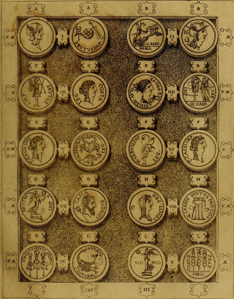 An illustration from C. Ivlivs Caesar : sive Historiae imperatorvm Caesarvmqve romanorvm ex antiqvis nvmismatibvs restitvtae liber primvs; accessit C. Ivlii Caesaris vita et res gestae, 1563, leaf 62