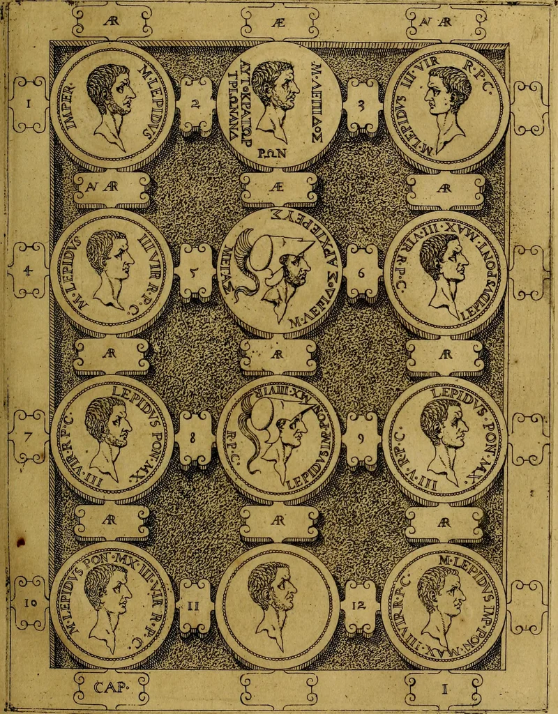 An illustration from C. Ivlivs Caesar : sive Historiae imperatorvm Caesarvmqve romanorvm ex antiqvis nvmismatibvs restitvtae liber primvs; accessit C. Ivlii Caesaris vita et res gestae, 1563, leaf 64