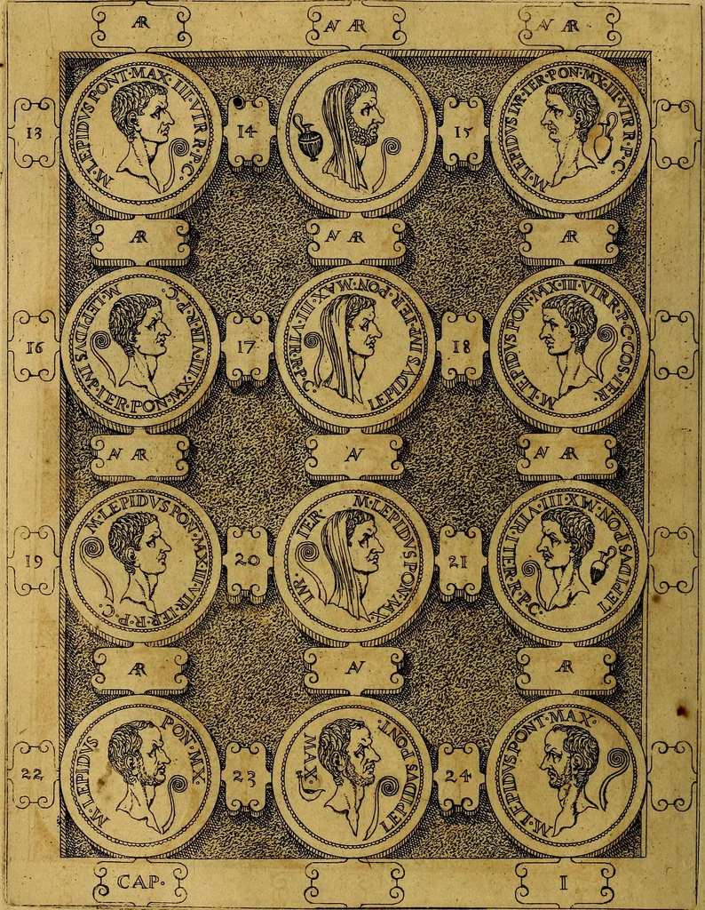 An illustration from C. Ivlivs Caesar : sive Historiae imperatorvm Caesarvmqve romanorvm ex antiqvis nvmismatibvs restitvtae liber primvs; accessit C. Ivlii Caesaris vita et res gestae, 1563, leaf 65