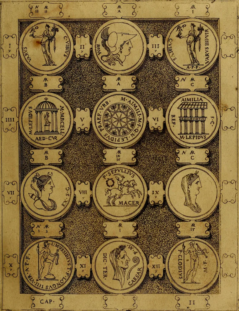 An illustration from C. Ivlivs Caesar : sive Historiae imperatorvm Caesarvmqve romanorvm ex antiqvis nvmismatibvs restitvtae liber primvs; accessit C. Ivlii Caesaris vita et res gestae, 1563, leaf 68