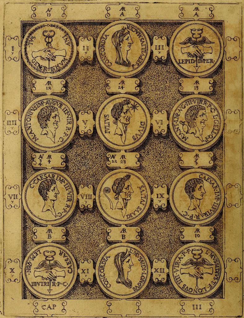 An illustration from C. Ivlivs Caesar : sive Historiae imperatorvm Caesarvmqve romanorvm ex antiqvis nvmismatibvs restitvtae liber primvs; accessit C. Ivlii Caesaris vita et res gestae, 1563, leaf 69