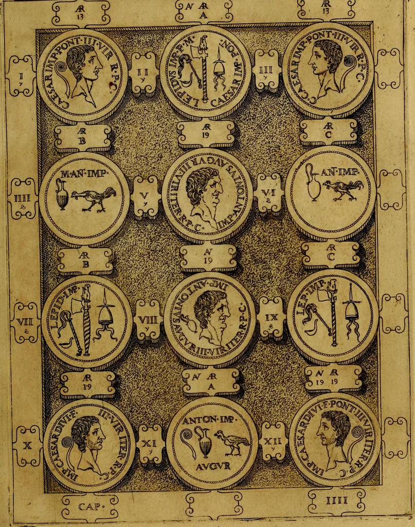 An illustration from C. Ivlivs Caesar : sive Historiae imperatorvm Caesarvmqve romanorvm ex antiqvis nvmismatibvs restitvtae liber primvs; accessit C. Ivlii Caesaris vita et res gestae, 1563, leaf 70