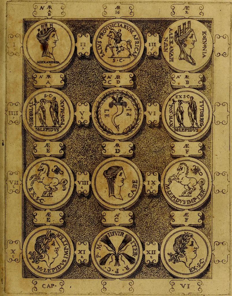 An illustration from C. Ivlivs Caesar : sive Historiae imperatorvm Caesarvmqve romanorvm ex antiqvis nvmismatibvs restitvtae liber primvs; accessit C. Ivlii Caesaris vita et res gestae, 1563, leaf 72