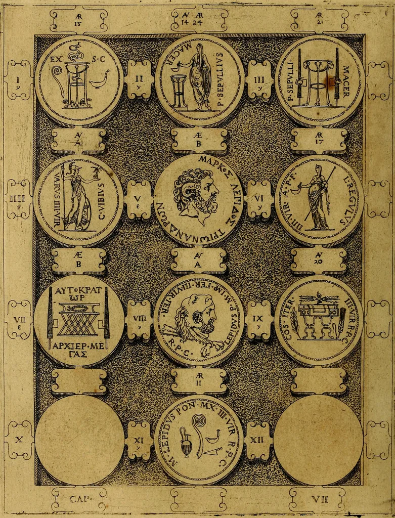 An illustration from C. Ivlivs Caesar : sive Historiae imperatorvm Caesarvmqve romanorvm ex antiqvis nvmismatibvs restitvtae liber primvs; accessit C. Ivlii Caesaris vita et res gestae, 1563, leaf 73