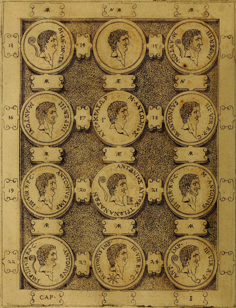 An illustration from C. Ivlivs Caesar : sive Historiae imperatorvm Caesarvmqve romanorvm ex antiqvis nvmismatibvs restitvtae liber primvs; accessit C. Ivlii Caesaris vita et res gestae, 1563, leaf 77