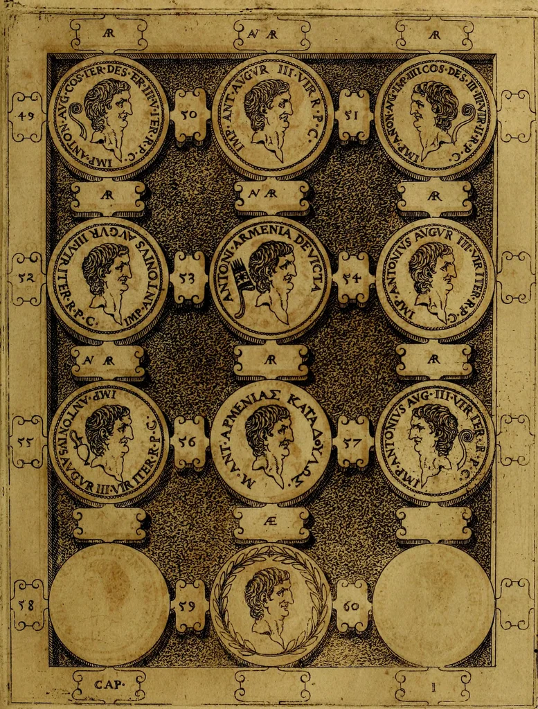 An illustration from C. Ivlivs Caesar : sive Historiae imperatorvm Caesarvmqve romanorvm ex antiqvis nvmismatibvs restitvtae liber primvs; accessit C. Ivlii Caesaris vita et res gestae, 1563, leaf 80