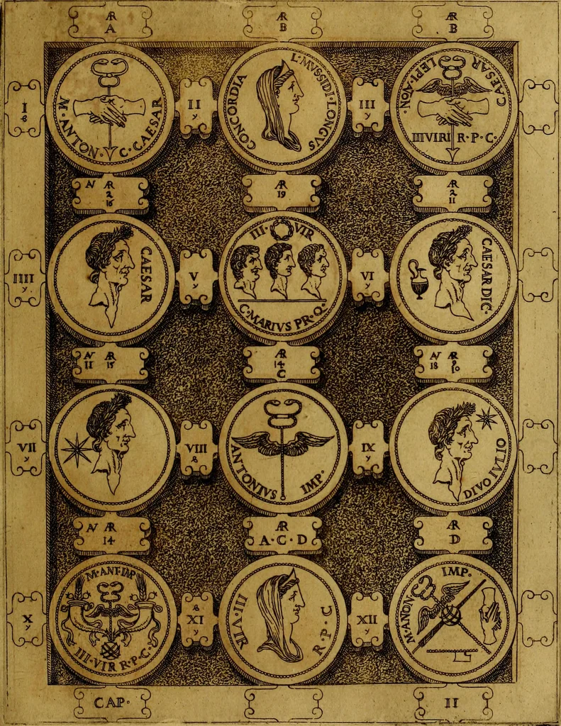 An illustration from C. Ivlivs Caesar : sive Historiae imperatorvm Caesarvmqve romanorvm ex antiqvis nvmismatibvs restitvtae liber primvs; accessit C. Ivlii Caesaris vita et res gestae, 1563, leaf 82