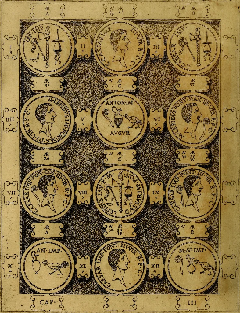 An illustration from C. Ivlivs Caesar : sive Historiae imperatorvm Caesarvmqve romanorvm ex antiqvis nvmismatibvs restitvtae liber primvs; accessit C. Ivlii Caesaris vita et res gestae, 1563, leaf 83