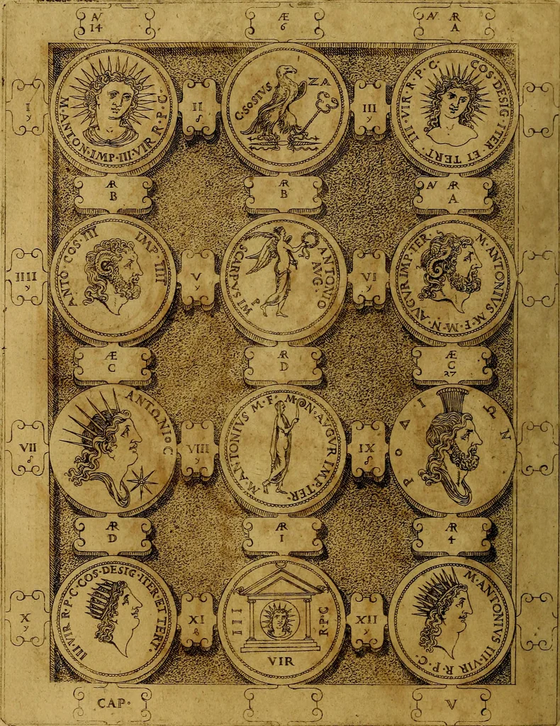 An illustration from C. Ivlivs Caesar : sive Historiae imperatorvm Caesarvmqve romanorvm ex antiqvis nvmismatibvs restitvtae liber primvs; accessit C. Ivlii Caesaris vita et res gestae, 1563, leaf 85