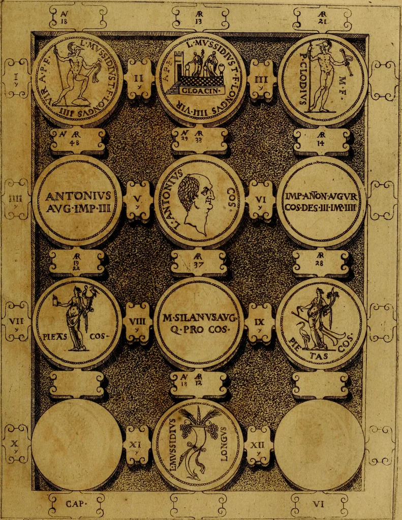 An illustration from C. Ivlivs Caesar : sive Historiae imperatorvm Caesarvmqve romanorvm ex antiqvis nvmismatibvs restitvtae liber primvs; accessit C. Ivlii Caesaris vita et res gestae, 1563, leaf 86