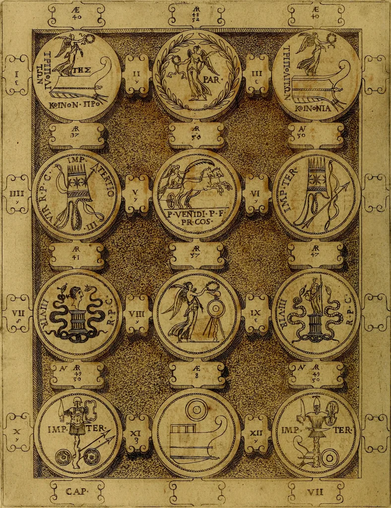 An illustration from C. Ivlivs Caesar : sive Historiae imperatorvm Caesarvmqve romanorvm ex antiqvis nvmismatibvs restitvtae liber primvs; accessit C. Ivlii Caesaris vita et res gestae, 1563, leaf 87
