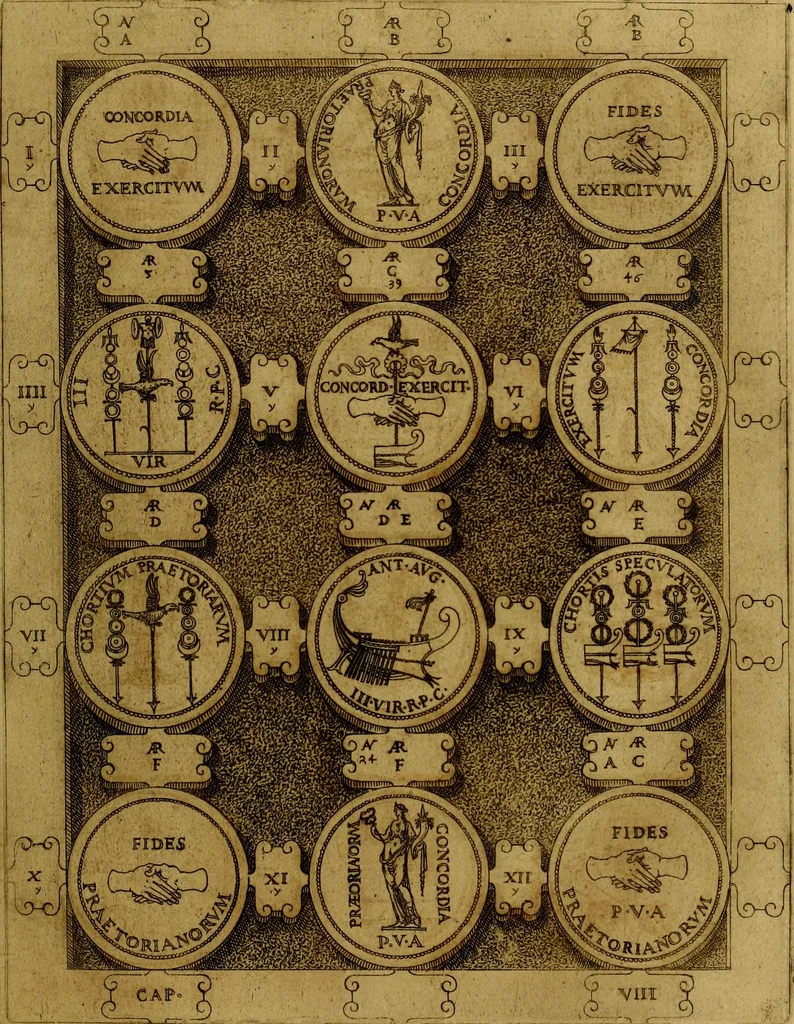 An illustration from C. Ivlivs Caesar : sive Historiae imperatorvm Caesarvmqve romanorvm ex antiqvis nvmismatibvs restitvtae liber primvs; accessit C. Ivlii Caesaris vita et res gestae, 1563, leaf 88