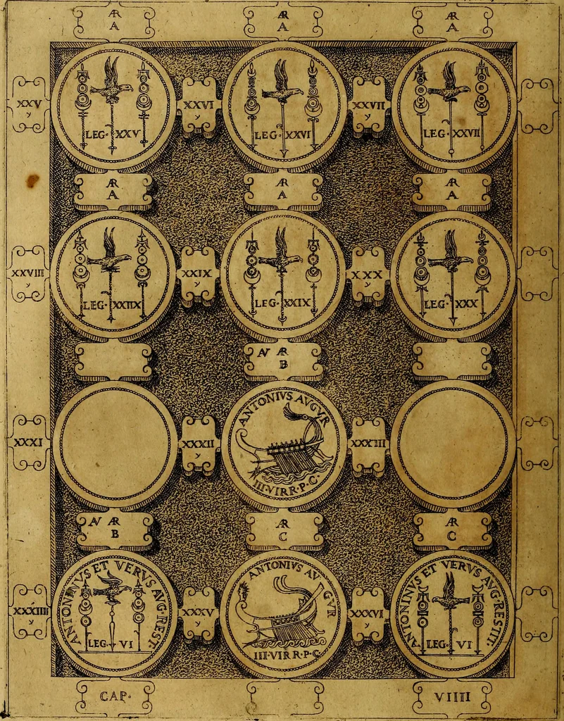 An illustration from C. Ivlivs Caesar : sive Historiae imperatorvm Caesarvmqve romanorvm ex antiqvis nvmismatibvs restitvtae liber primvs; accessit C. Ivlii Caesaris vita et res gestae, 1563, leaf 91