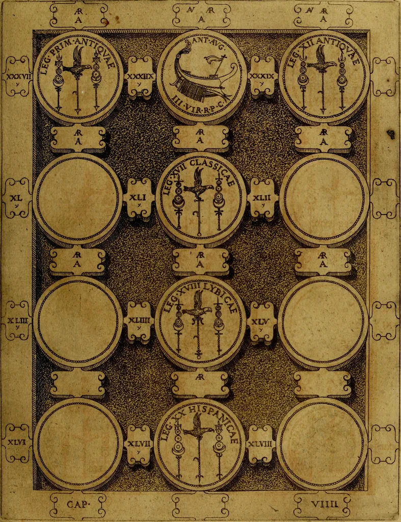 An illustration from C. Ivlivs Caesar : sive Historiae imperatorvm Caesarvmqve romanorvm ex antiqvis nvmismatibvs restitvtae liber primvs; accessit C. Ivlii Caesaris vita et res gestae, 1563, leaf 92