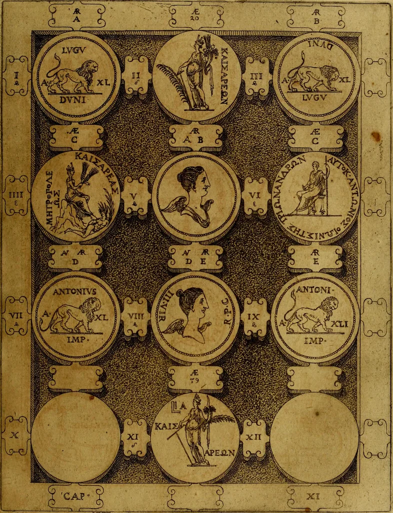 An illustration from C. Ivlivs Caesar : sive Historiae imperatorvm Caesarvmqve romanorvm ex antiqvis nvmismatibvs restitvtae liber primvs; accessit C. Ivlii Caesaris vita et res gestae, 1563, leaf 94