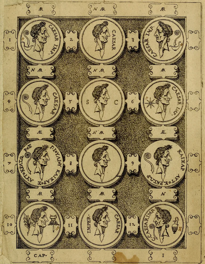 An illustration from C. Ivlivs Caesar : sive Historiae imperatorvm Caesarvmqve romanorvm ex antiqvis nvmismatibvs restitvtae liber primvs; accessit C. Ivlii Caesaris vita et res gestae, 1563, leaf 36
