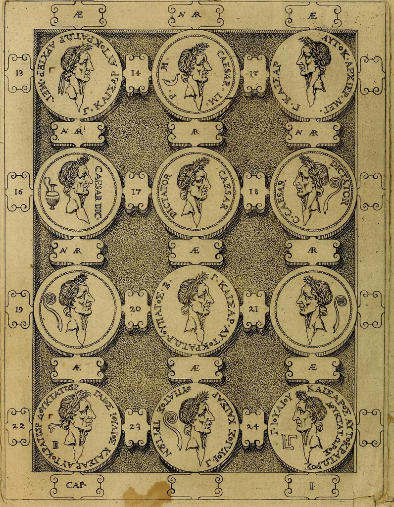 An illustration from C. Ivlivs Caesar : sive Historiae imperatorvm Caesarvmqve romanorvm ex antiqvis nvmismatibvs restitvtae liber primvs; accessit C. Ivlii Caesaris vita et res gestae, 1563, leaf 37