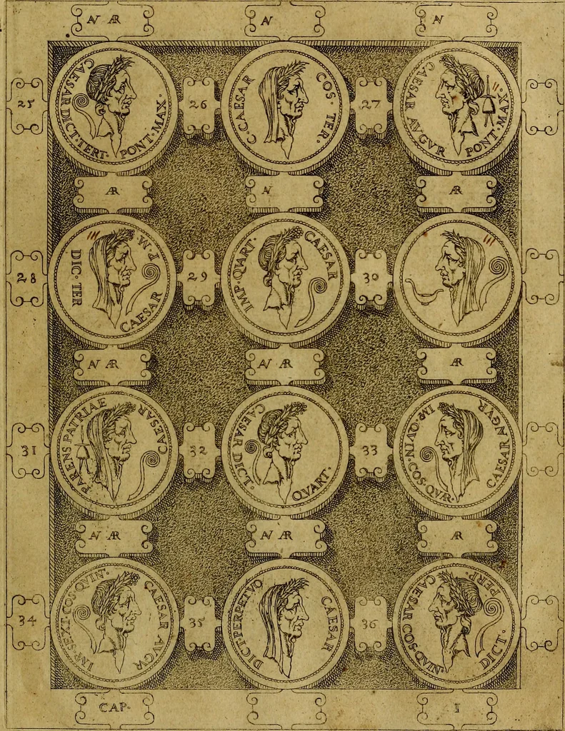 An illustration from C. Ivlivs Caesar : sive Historiae imperatorvm Caesarvmqve romanorvm ex antiqvis nvmismatibvs restitvtae liber primvs; accessit C. Ivlii Caesaris vita et res gestae, 1563, leaf 38