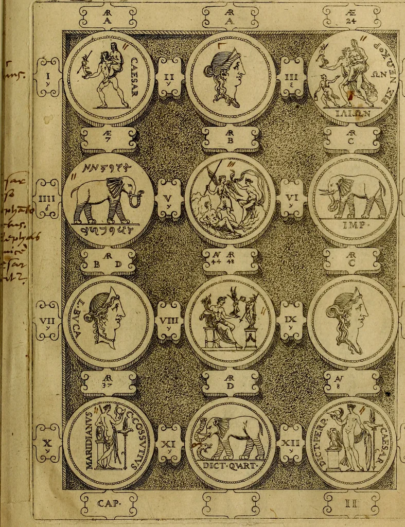 An illustration from C. Ivlivs Caesar : sive Historiae imperatorvm Caesarvmqve romanorvm ex antiqvis nvmismatibvs restitvtae liber primvs; accessit C. Ivlii Caesaris vita et res gestae, 1563, leaf 42