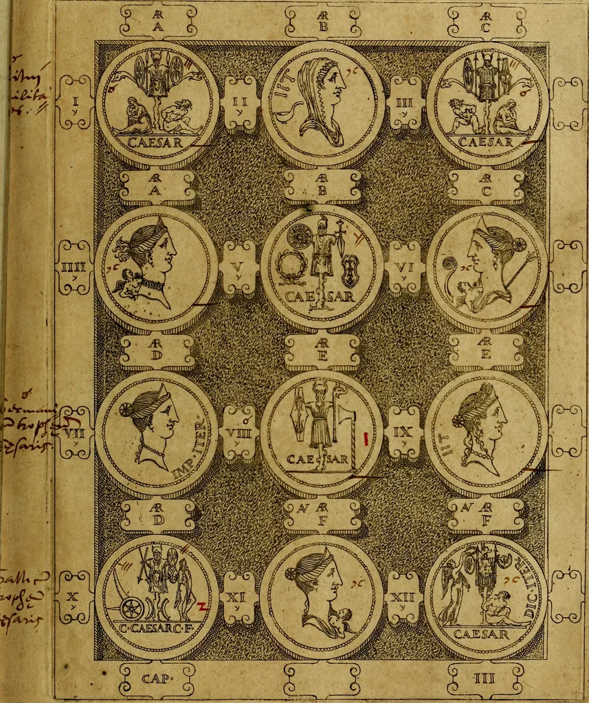 An illustration from C. Ivlivs Caesar : sive Historiae imperatorvm Caesarvmqve romanorvm ex antiqvis nvmismatibvs restitvtae liber primvs; accessit C. Ivlii Caesaris vita et res gestae, 1563, leaf 44