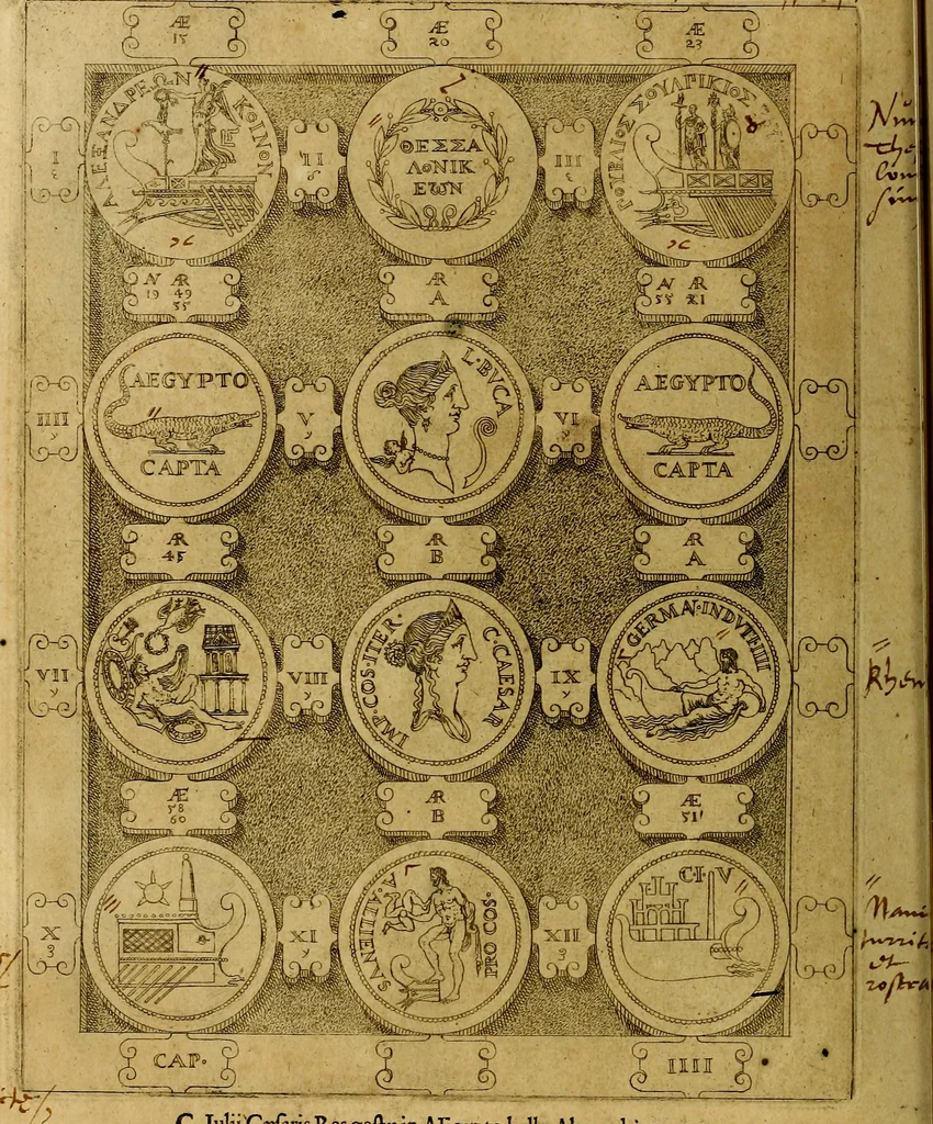 An illustration from C. Ivlivs Caesar : sive Historiae imperatorvm Caesarvmqve romanorvm ex antiqvis nvmismatibvs restitvtae liber primvs; accessit C. Ivlii Caesaris vita et res gestae, 1563, leaf 45