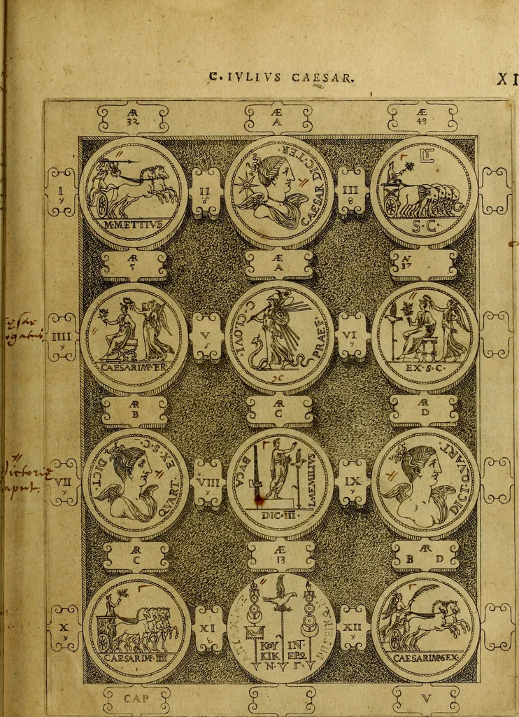 An illustration from C. Ivlivs Caesar : sive Historiae imperatorvm Caesarvmqve romanorvm ex antiqvis nvmismatibvs restitvtae liber primvs; accessit C. Ivlii Caesaris vita et res gestae, 1563, leaf 46