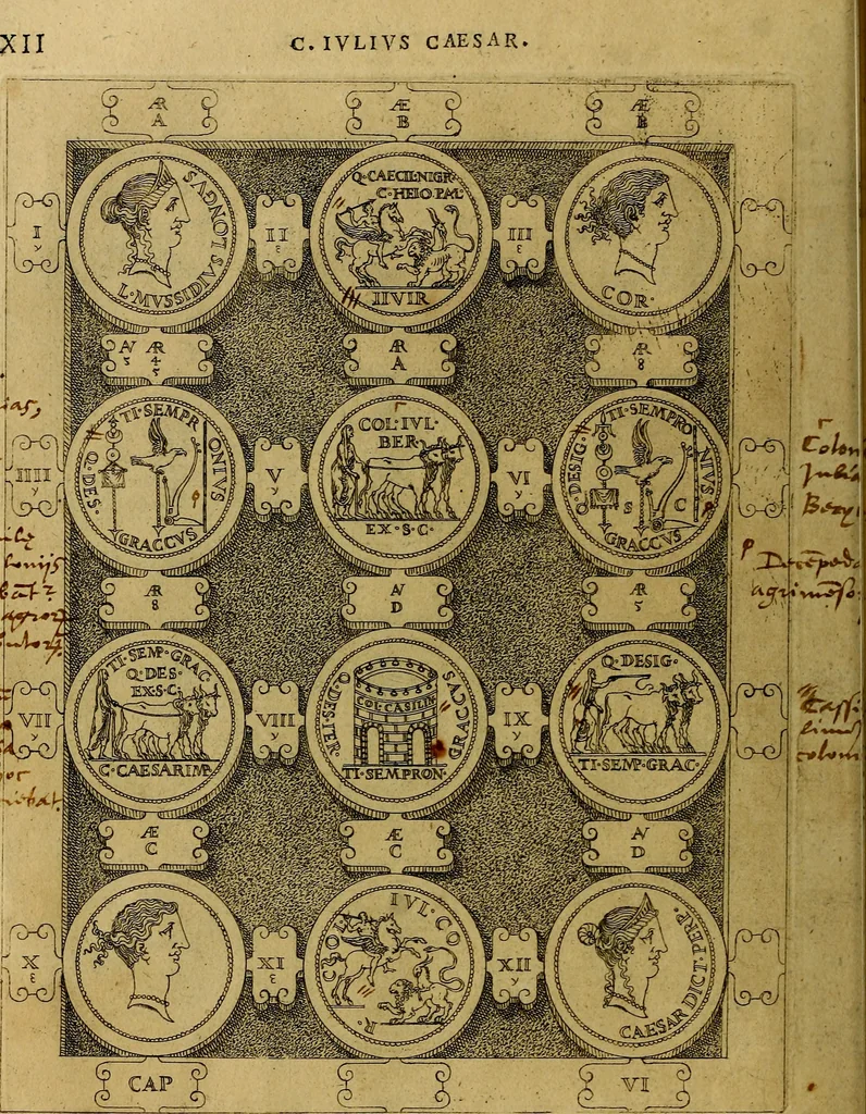An illustration from C. Ivlivs Caesar : sive Historiae imperatorvm Caesarvmqve romanorvm ex antiqvis nvmismatibvs restitvtae liber primvs; accessit C. Ivlii Caesaris vita et res gestae, 1563, leaf 47