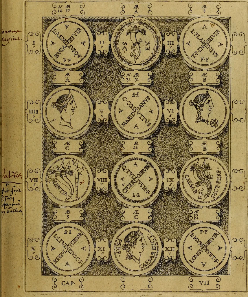 An illustration from C. Ivlivs Caesar : sive Historiae imperatorvm Caesarvmqve romanorvm ex antiqvis nvmismatibvs restitvtae liber primvs; accessit C. Ivlii Caesaris vita et res gestae, 1563, leaf 48